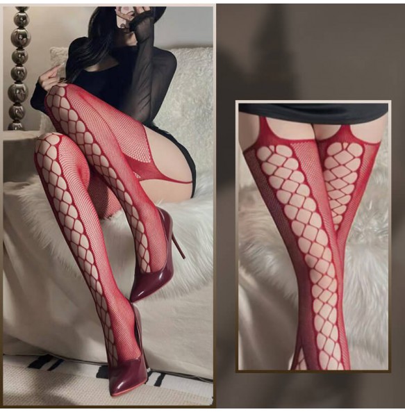 FEE ET MOI - Sexy Mesh Hollow Suspender Stockings (Burgundy)